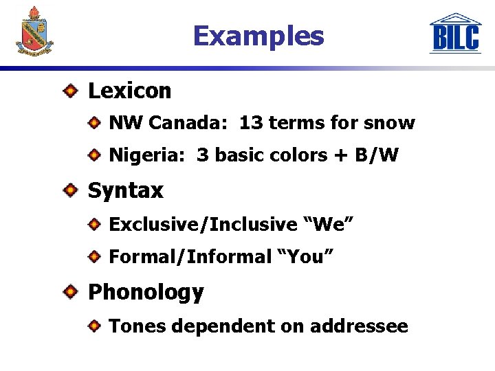 Examples Lexicon NW Canada: 13 terms for snow Nigeria: 3 basic colors + B/W