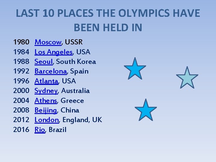 LAST 10 PLACES THE OLYMPICS HAVE BEEN HELD IN 1980 1984 1988 1992 1996