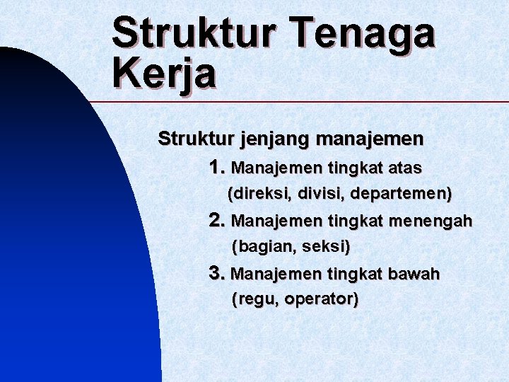 Struktur Tenaga Kerja Struktur jenjang manajemen 1. Manajemen tingkat atas (direksi, divisi, departemen) 2.