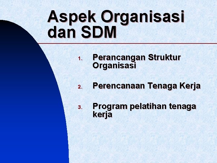 Aspek Organisasi dan SDM 1. 2. 3. Perancangan Struktur Organisasi Perencanaan Tenaga Kerja Program