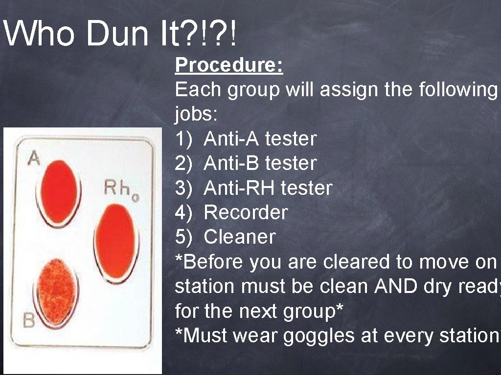 Who Dun It? !? ! Procedure: Each group will assign the following jobs: 1)