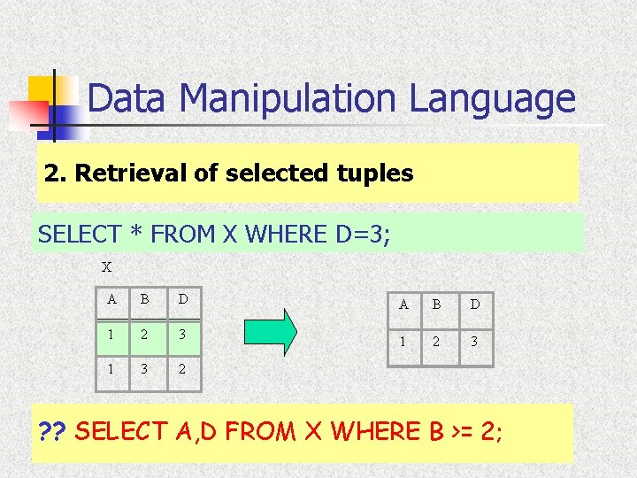 Data Manipulation Language 2. Retrieval of selected tuples SELECT * FROM X WHERE D=3;