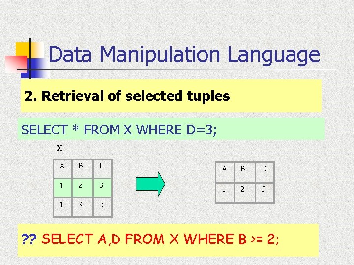 Data Manipulation Language 2. Retrieval of selected tuples SELECT * FROM X WHERE D=3; Data Manipulation Language 2. Retrieval of selected tuples SELECT * FROM X WHERE D=3;