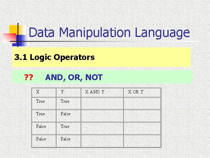 Data Manipulation Language 3. 1 Logic Operators ? ? AND, OR, NOT X Y Data Manipulation Language 3. 1 Logic Operators ? ? AND, OR, NOT X Y
