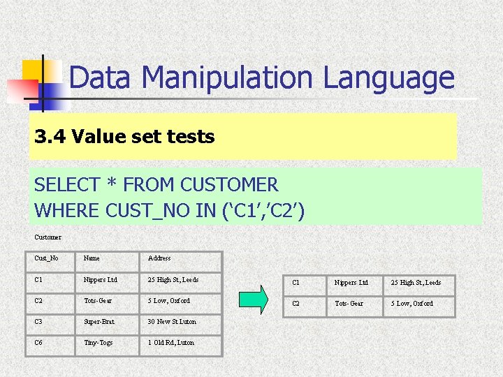 Data Manipulation Language 3. 4 Value set tests SELECT * FROM CUSTOMER WHERE CUST_NO