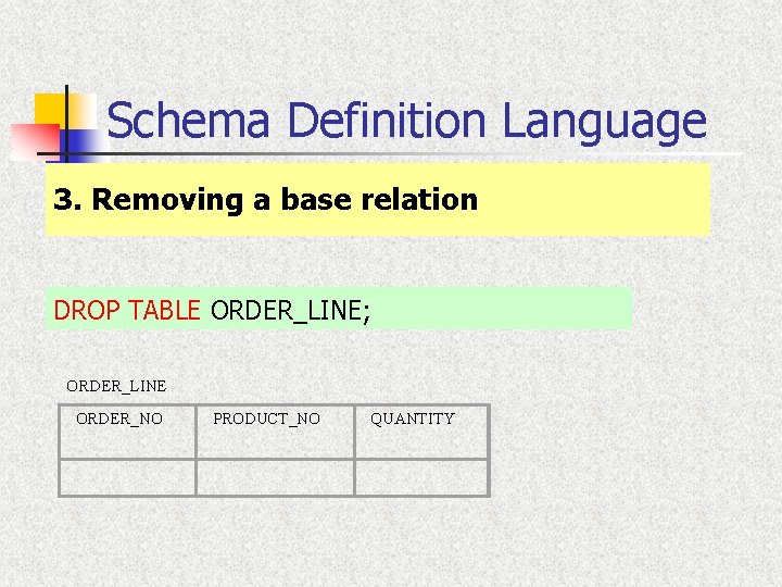 Schema Definition Language 3. Removing a base relation DROP TABLE ORDER_LINE; ORDER_LINE ORDER_NO PRODUCT_NO Schema Definition Language 3. Removing a base relation DROP TABLE ORDER_LINE; ORDER_LINE ORDER_NO PRODUCT_NO