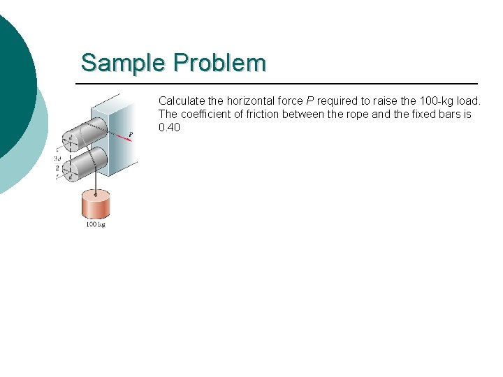 Sample Problem Calculate the horizontal force P required to raise the 100 -kg load.