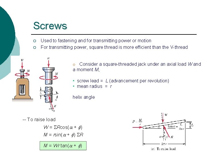 Screws ¡ ¡ Used to fastening and for transmitting power or motion For transmitting