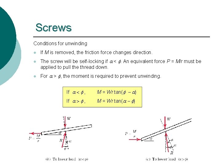 Screws Conditions for unwinding l l l If M is removed, the friction force