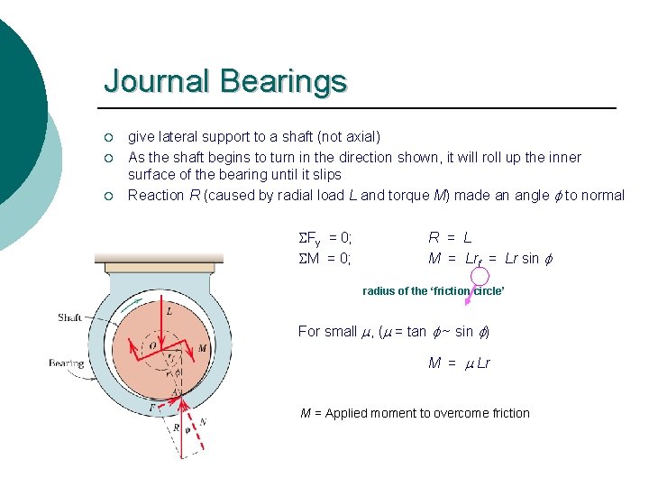 Journal Bearings ¡ ¡ ¡ give lateral support to a shaft (not axial) As