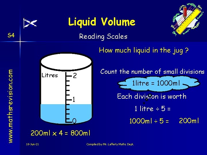Liquid Volume S 4 Reading Scales www. mathsrevision. com How much liquid in the
