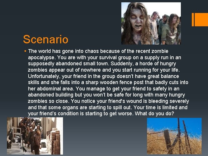 Scenario § The world has gone into chaos because of the recent zombie apocalypse.