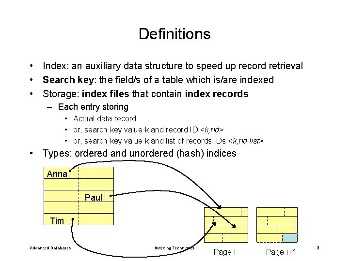 Definitions • Index: an auxiliary data structure to speed up record retrieval • Search