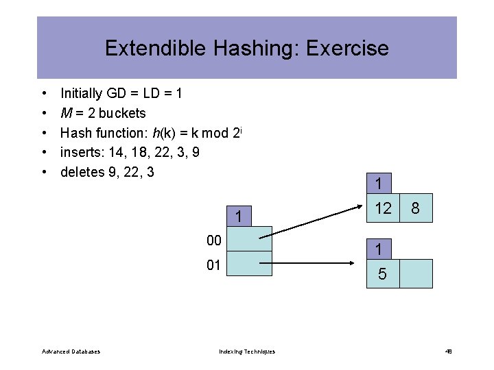 Extendible Hashing: Exercise • • • Initially GD = LD = 1 M =