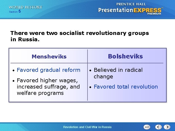 Section 5 There were two socialist revolutionary groups in Russia. Bolsheviks Mensheviks • Favored