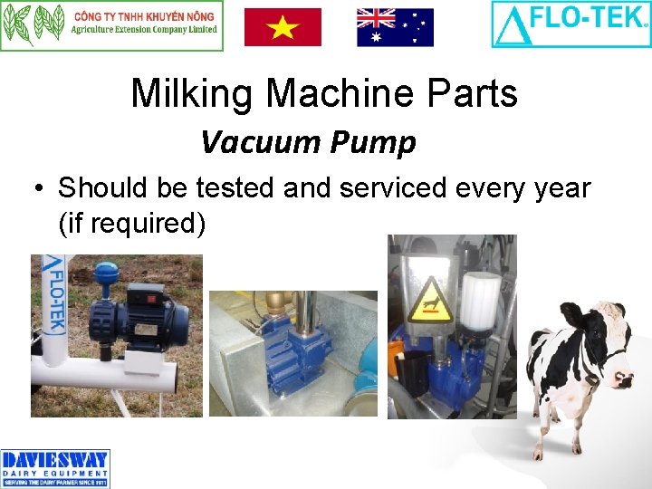 Milking Machine Parts Vacuum Pump • Should be tested and serviced every year (if