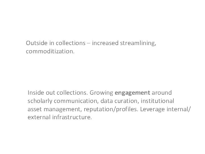 Outside in collections – increased streamlining, commoditization. Inside out collections. Growing engagement around scholarly