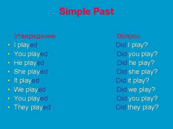 Simple Past • • • Утверждение I played. You played. He played. She played.