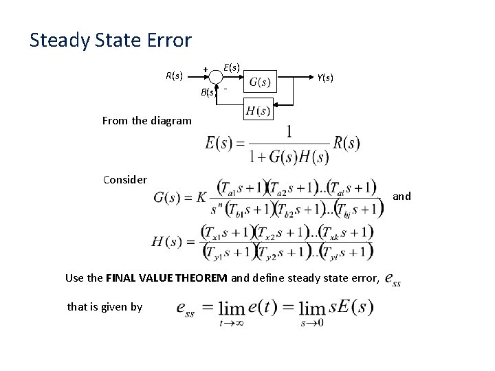 Steady State Error R(s) + E(s) B(s) - Y(s) From the diagram Consider and