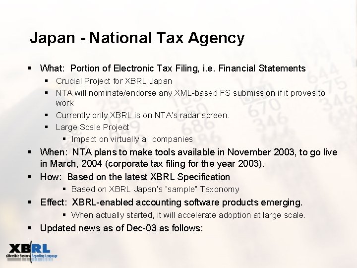 Japan - National Tax Agency § What: Portion of Electronic Tax Filing, i. e.