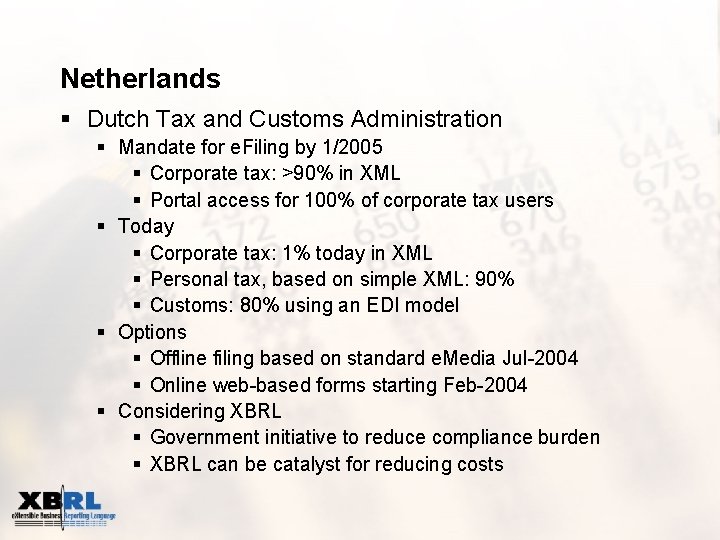 Netherlands § Dutch Tax and Customs Administration § Mandate for e. Filing by 1/2005