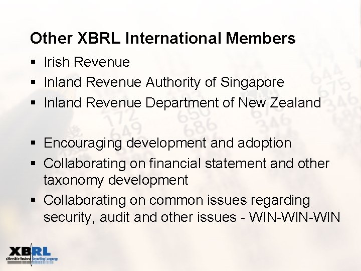 Other XBRL International Members § Irish Revenue § Inland Revenue Authority of Singapore §