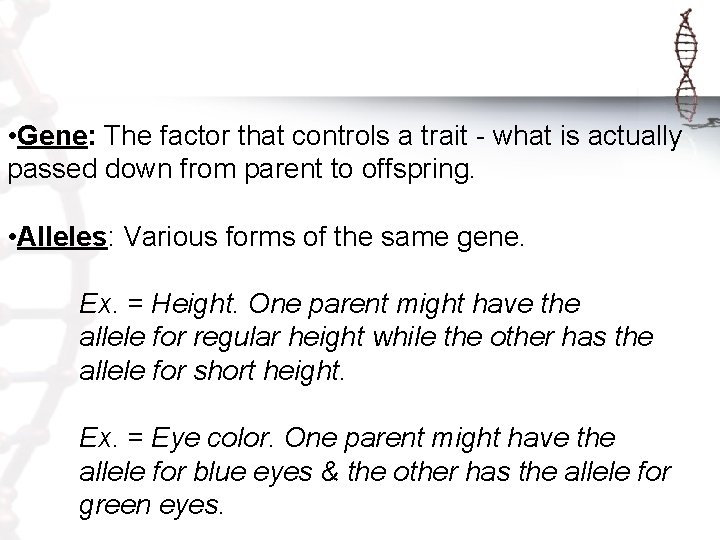  • Gene: The factor that controls a trait - what is actually passed