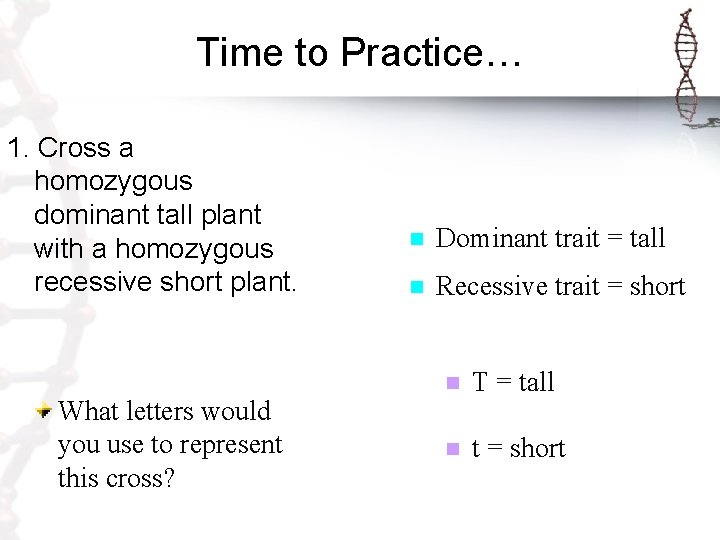 Time to Practice… 1. Cross a homozygous dominant tall plant with a homozygous recessive