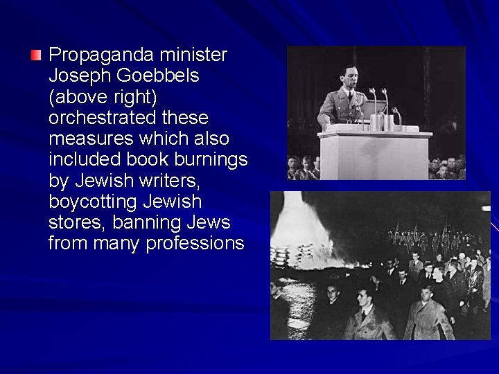 Propaganda minister Joseph Goebbels (above right) orchestrated these measures which also included book burnings