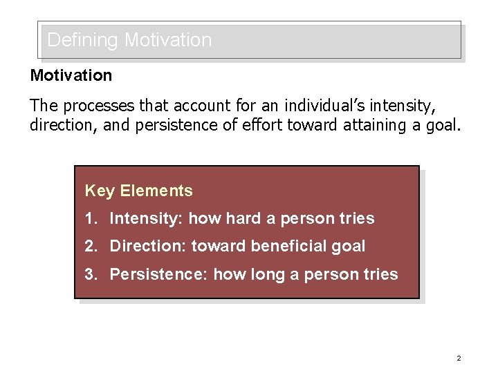 Defining Motivation The processes that account for an individual’s intensity, direction, and persistence of