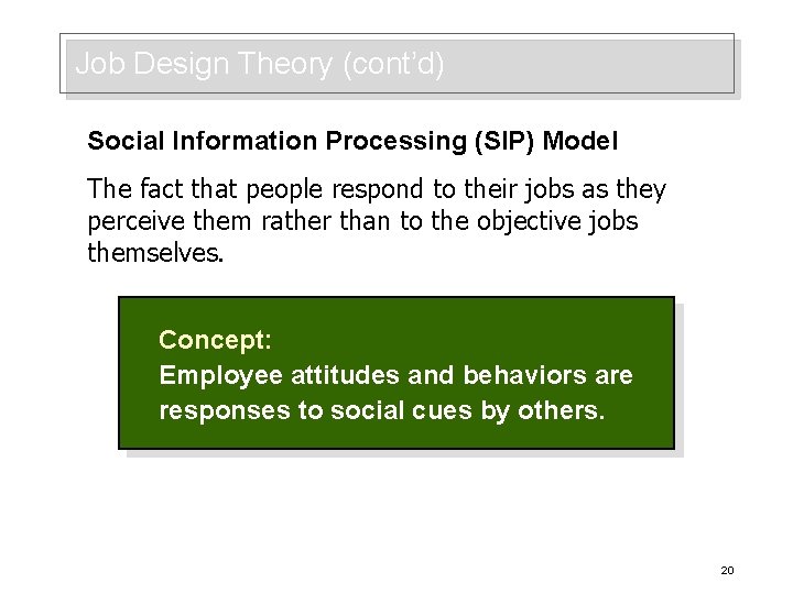 Job Design Theory (cont’d) Social Information Processing (SIP) Model The fact that people respond