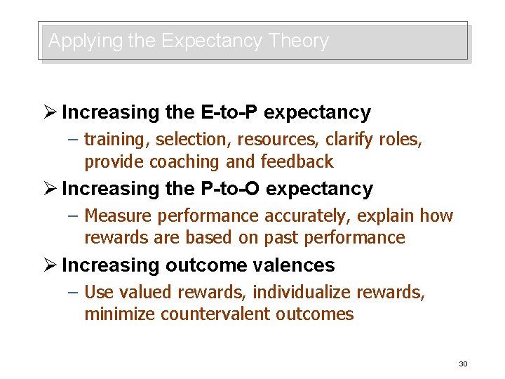 Applying the Expectancy Theory Ø Increasing the E-to-P expectancy – training, selection, resources, clarify