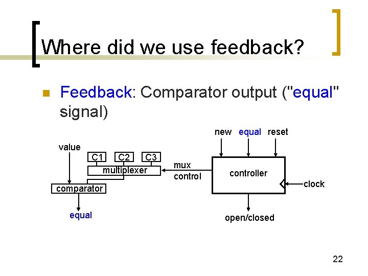 Where did we use feedback? n Feedback: Comparator output ("equal" signal) new equal reset