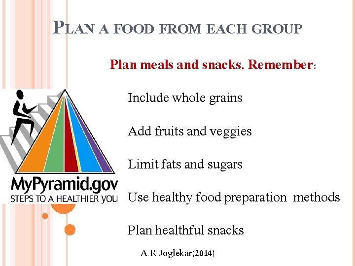 PLAN A FOOD FROM EACH GROUP Plan meals and snacks. Remember: Include whole grains
