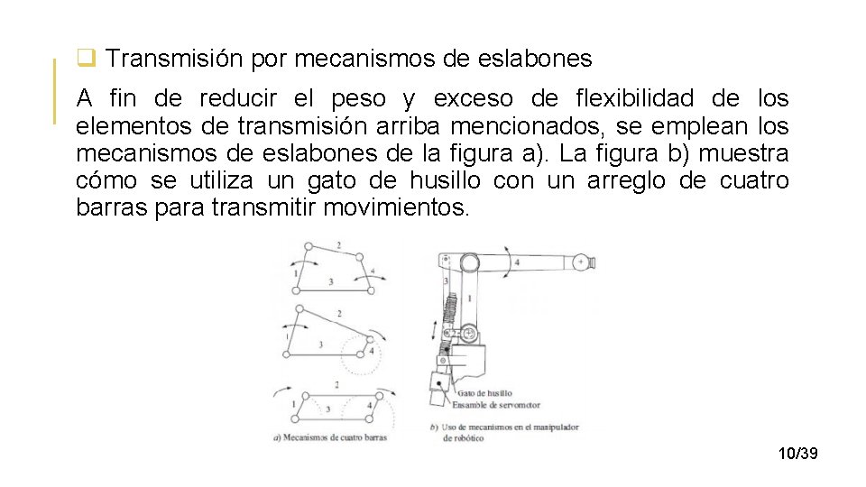 q Transmisión por mecanismos de eslabones A fin de reducir el peso y exceso