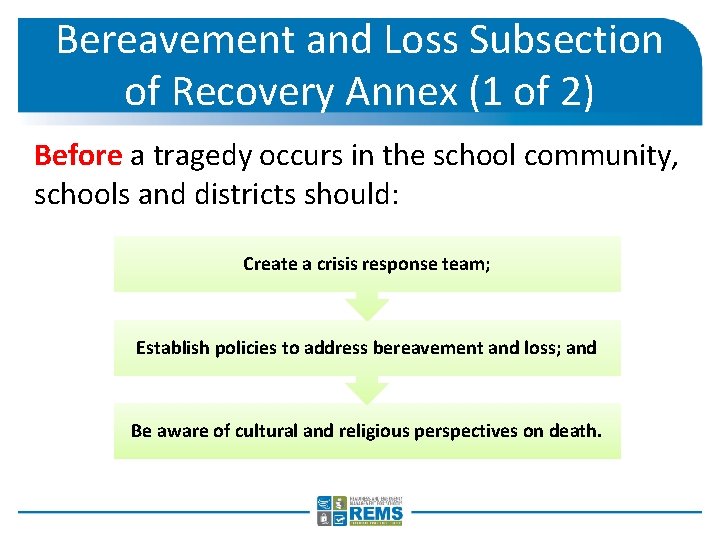 Bereavement and Loss Subsection of Recovery Annex (1 of 2) Before a tragedy occurs