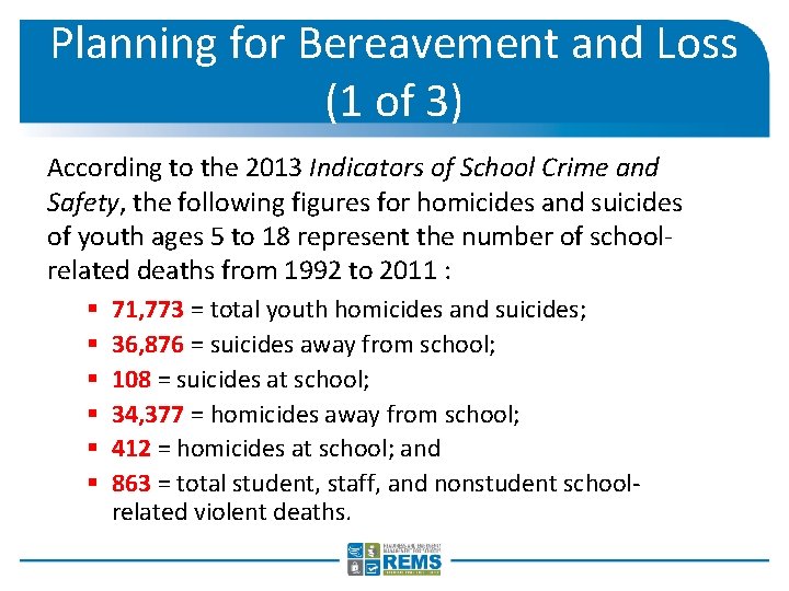 Planning for Bereavement and Loss (1 of 3) According to the 2013 Indicators of