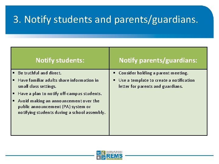 3. Notify students and parents/guardians. Notify students: § Be truthful and direct. § Have