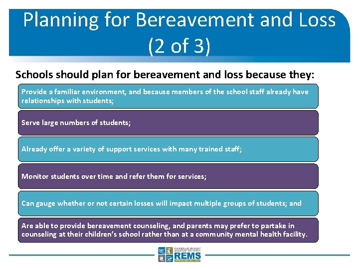 Planning for Bereavement and Loss (2 of 3) Schools should plan for bereavement and