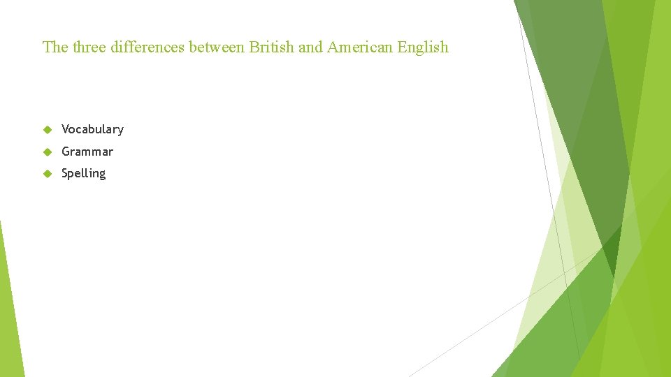 The three differences between British and American English Vocabulary Grammar Spelling 