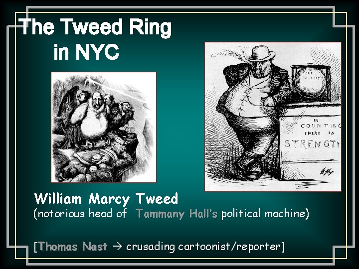 The Tweed Ring in NYC William Marcy Tweed (notorious head of Tammany Hall’s political