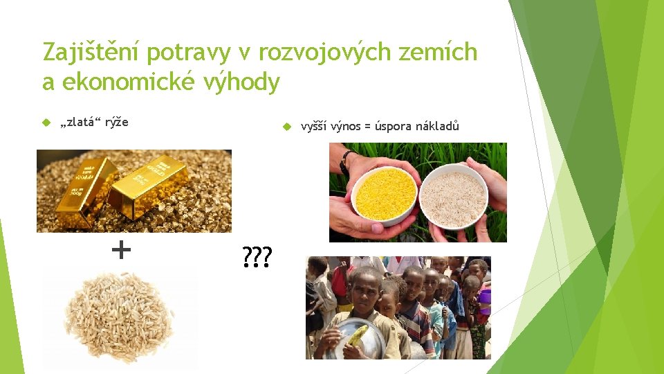 Zajištění potravy v rozvojových zemích a ekonomické výhody „zlatá“ rýže + ? ? ?