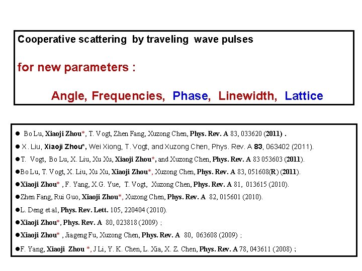 Cooperative scattering by traveling wave pulses for new parameters : Angle, Frequencies, Phase, Linewidth,