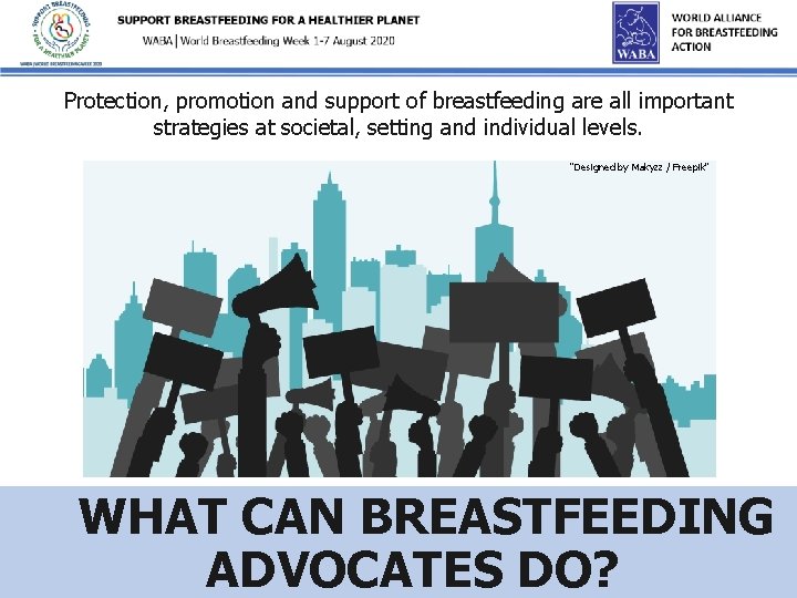 Protection, promotion and support of breastfeeding are all important strategies at societal, setting and