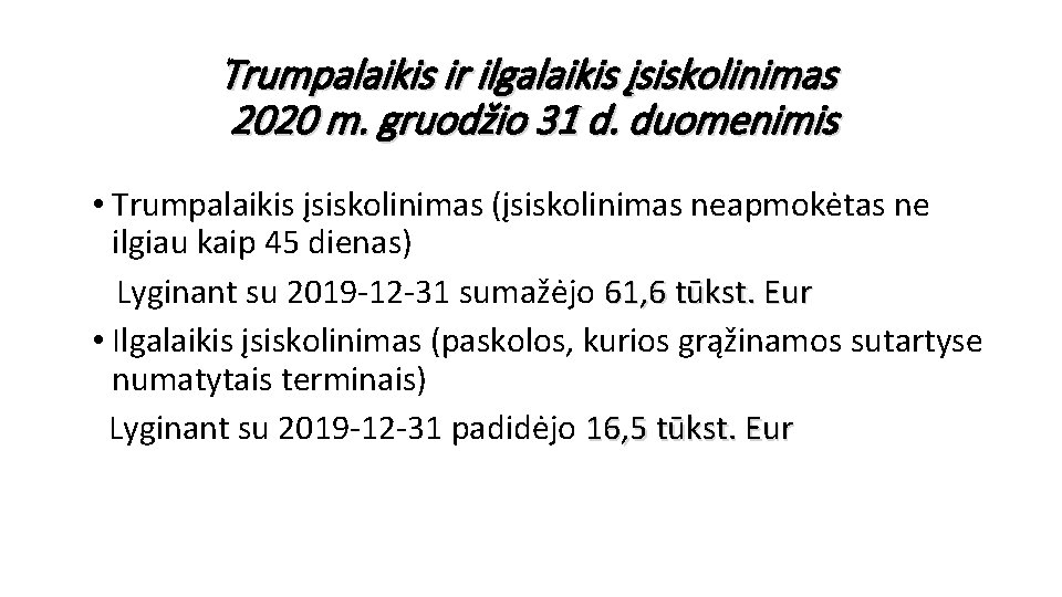 Trumpalaikis ir ilgalaikis įsiskolinimas 2020 m. gruodžio 31 d. duomenimis • Trumpalaikis įsiskolinimas (įsiskolinimas