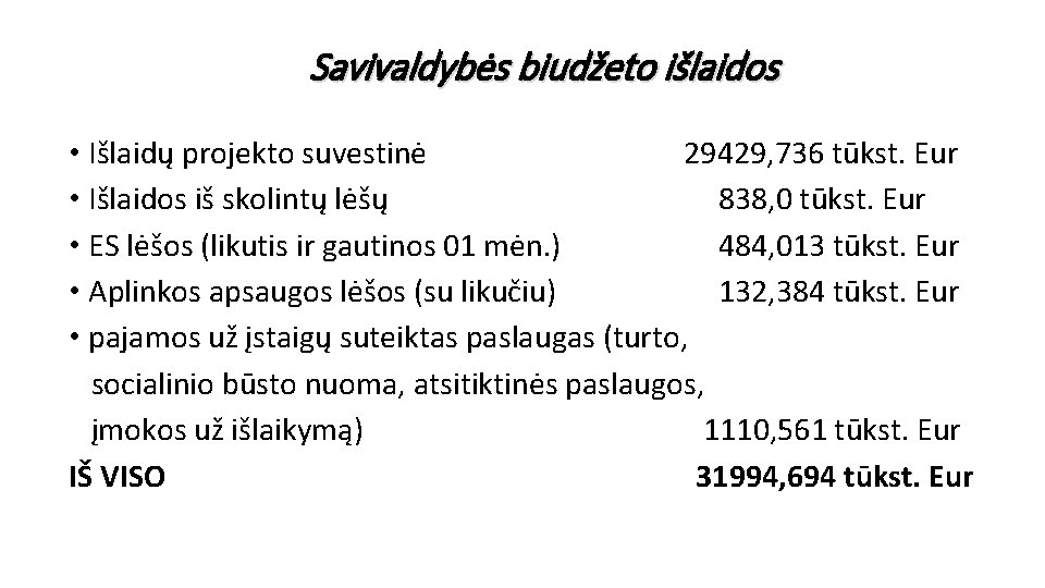 Savivaldybės biudžeto išlaidos • Išlaidų projekto suvestinė 29429, 736 tūkst. Eur • Išlaidos iš