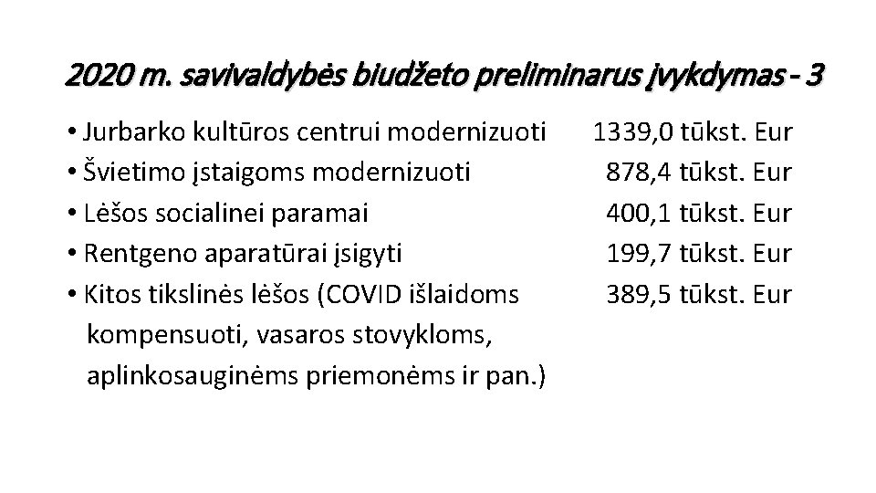 2020 m. savivaldybės biudžeto preliminarus įvykdymas - 3 • Jurbarko kultūros centrui modernizuoti •