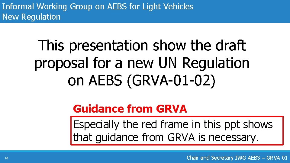 Informal Working Group on AEBS for Light Vehicles New Regulation This presentation show the