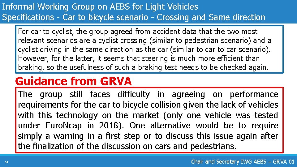 Informal Working Group on AEBS for Light Vehicles Specifications - Car to bicycle scenario