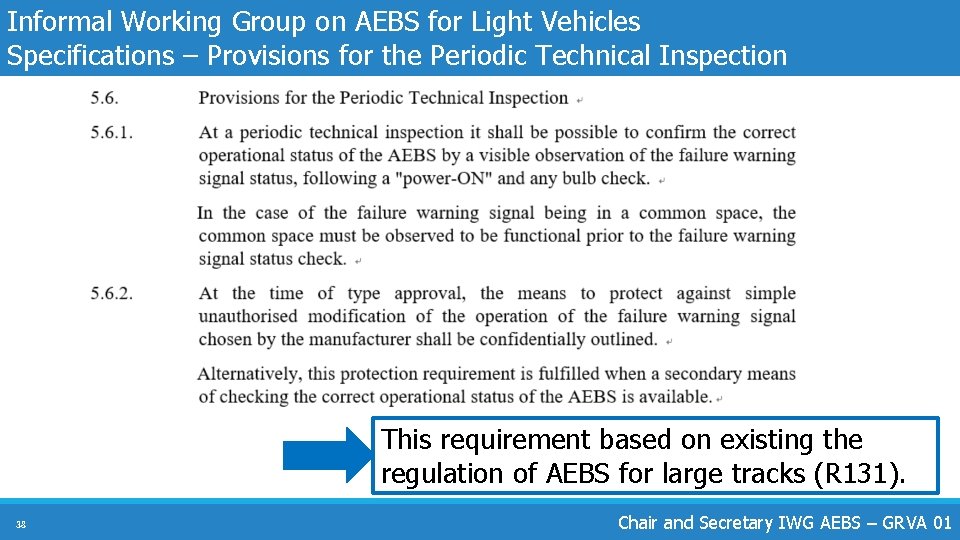 Informal Working Group on AEBS for Light Vehicles Specifications – Provisions for the Periodic